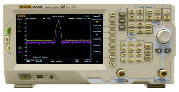 Rigol DSA815 spectrum analyzer displaying an RF spectrum